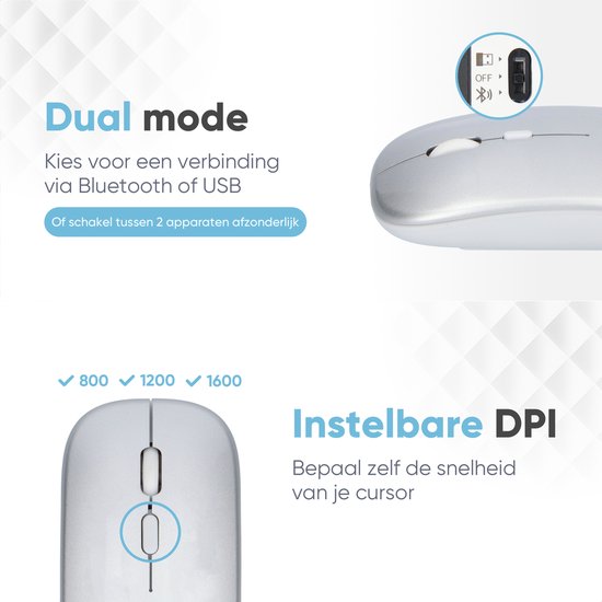 Trendfield Draadloze Muis - Oplaadbare Computermuis - Bluetooth - Ergonomische Muis met Stille Klik - Geschikt voor alle Laptops - Zilver