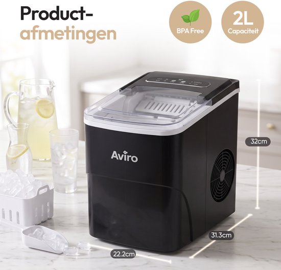 Aviro Ijsblokjesmachine XL - 2L - Met IJsschep - IJsblokjesmaker - 16KG / 24U - Zelfreinigingsfunctie - Zwart