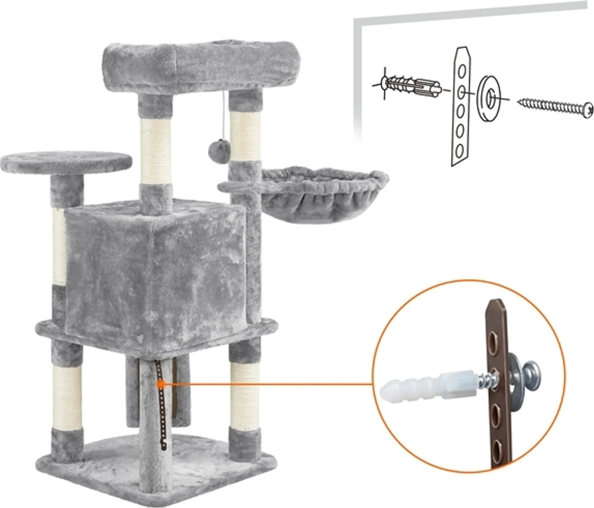 Yaheetech Krabpaal Met 5 Sisalpalen – Voorzien Van Gewatteerd Kijkplatform En Hangmat En Kattenhol – Voor 2 Tot 3 Kleine En Middelgrote Katten – Lichtgrijs Pluche En Metaal – 43,5 x 43,5 x 106 cm