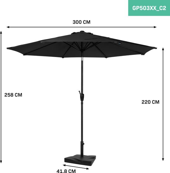 VONROC Premium Stokparasol Recanati Ø300cm – Incl. parasolvoet & beschermhoes - Ronde parasol - Kantelbaar – UV werend doek - Zwart