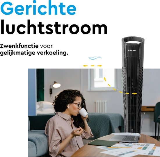 BRASQ Torenventilator F500 – 80 cm Hoog – Zwart – Stil – Met Afstandsbediening – Timer & Slaapmodus – Staande Ventilator – 50W – Voor Slaapkamer & Kantoor