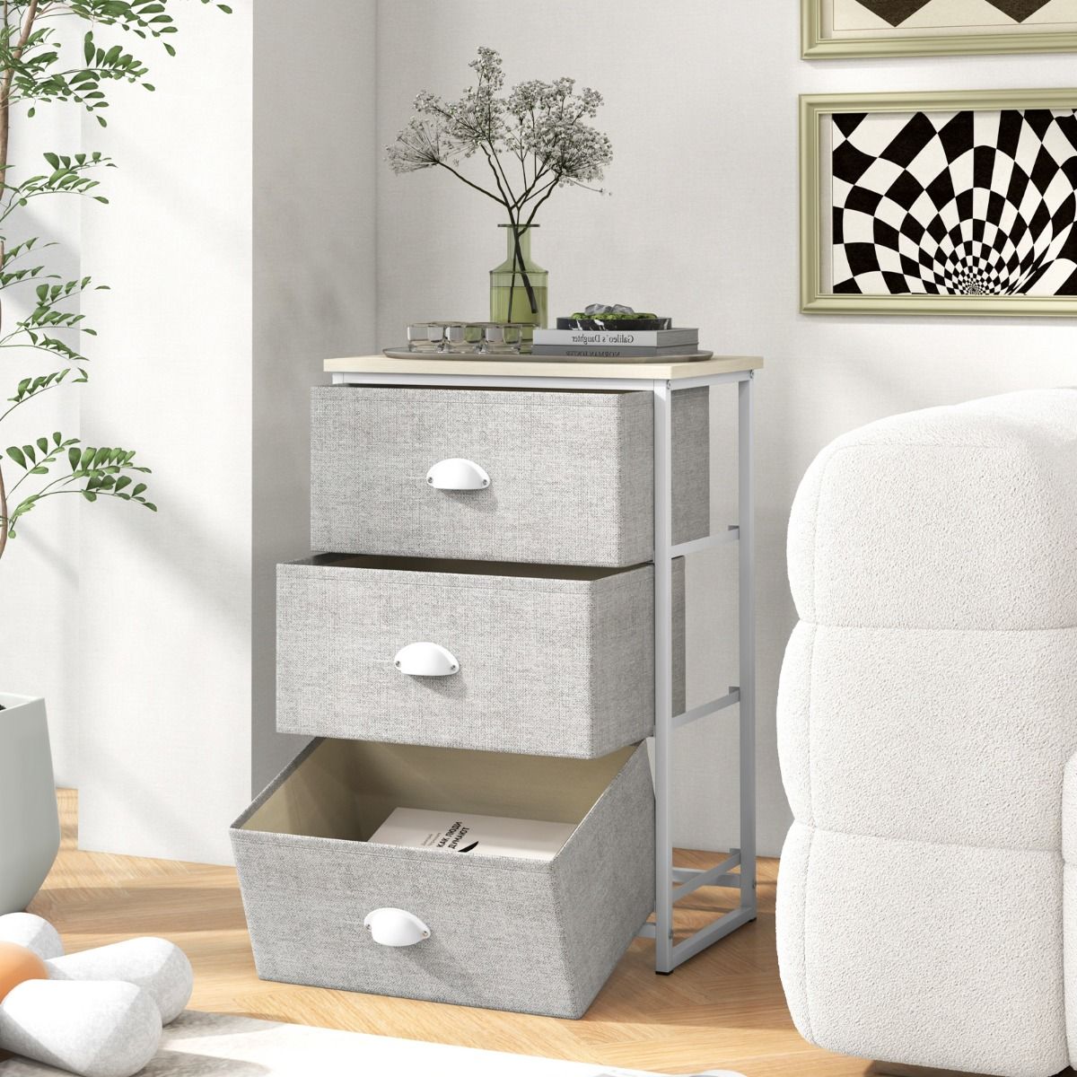Coast Ladekast met 3 lades - Opbergmeubel met inklapbare lades - Metalen frame - Wit en lichtgrijs