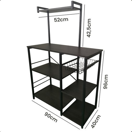 Goliving Keukenkast – Keukenrek Staand – Magnetronkast – Organizer – Metaal – Hout – 90 x 40 x 132 cm – Zwart
