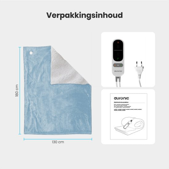 Auronic Elektrische Deken - 200x180cm - Warmtedeken - 2 Persoons - Sherpa Fleece - 9 Hitte en Timerstanden - Bovendeken - Verwarmingsdeken - Lichtblauw