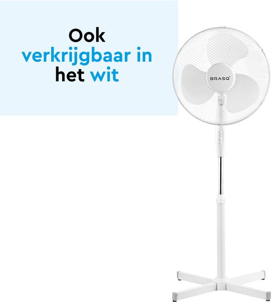 BRASQ Statiefventilator – 40 cm – Zwart - In hoogte verstelbaar – 3 snelheden - 40 Watt