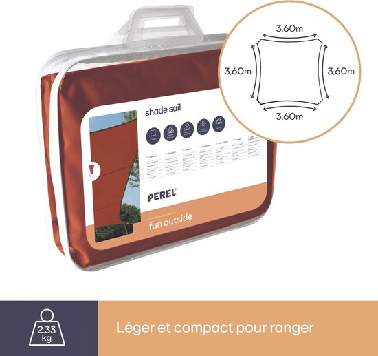 Perel Schaduwdoek, waterafstotend, 3.6 x 3.6 m, 160 g/m², polyester, vierkant, terracotta