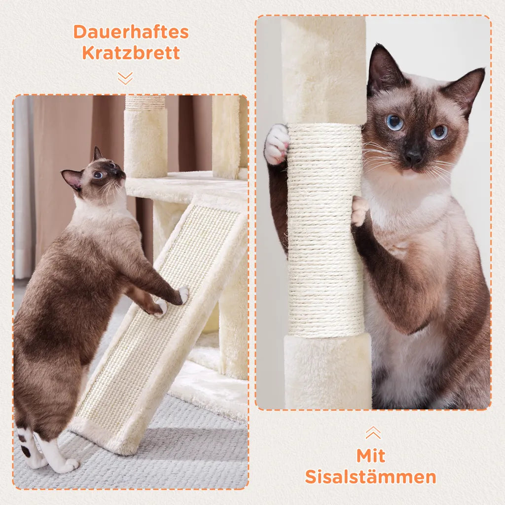 Yaheetech Krabpaal Beige – 91 cm Hoog – Met 2 Kattenhuisjes, Sisal Krabpalen en Speelbal