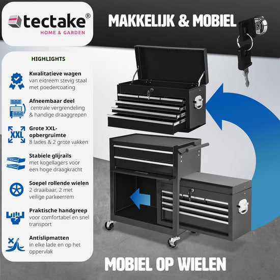 tectake® Werkplaatswagen met Kofferbevestiging - Afsluitbare Gereedschapswagen met 10 Vakken - Mobiele Werkbank van Staal - Wielen met Rem - Lege Gereedschapswagen, Gereedschapskast - Zwart