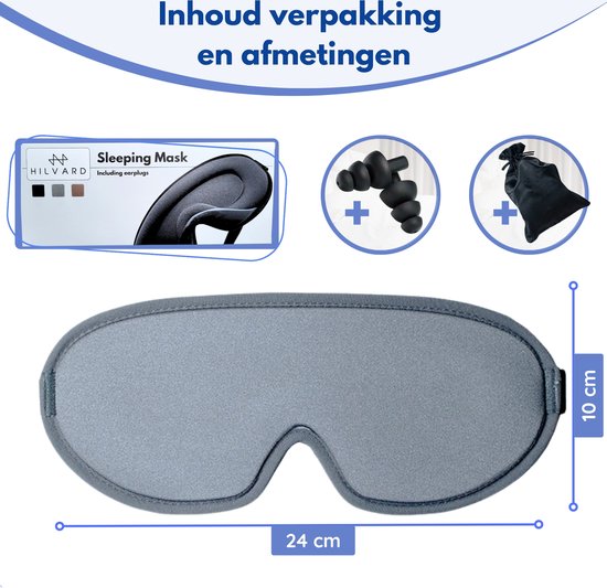 Hilvard - Slaapmasker - Oogmasker - Inclusief Slaap oordopjes - 100% Verduisterend - Verstelbaar - Ergonomisch - Grijs