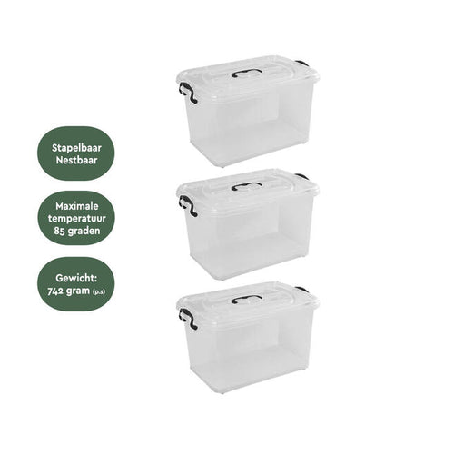 BRASQ Opbergbox Set van 3 – 20 Liter – Transparant – 39x29x18 cm – Stapelbare Kunststof Opbergdozen