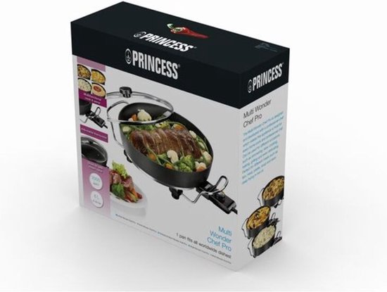 Princess 162367 XL Snackpan - Elektrische Hapjespan – Met deksel - Regelbare thermostaat - 1800W - Krachtig dubbel verwarmingselement - Groot - 5.4 Liter - 1.5 meter snoer