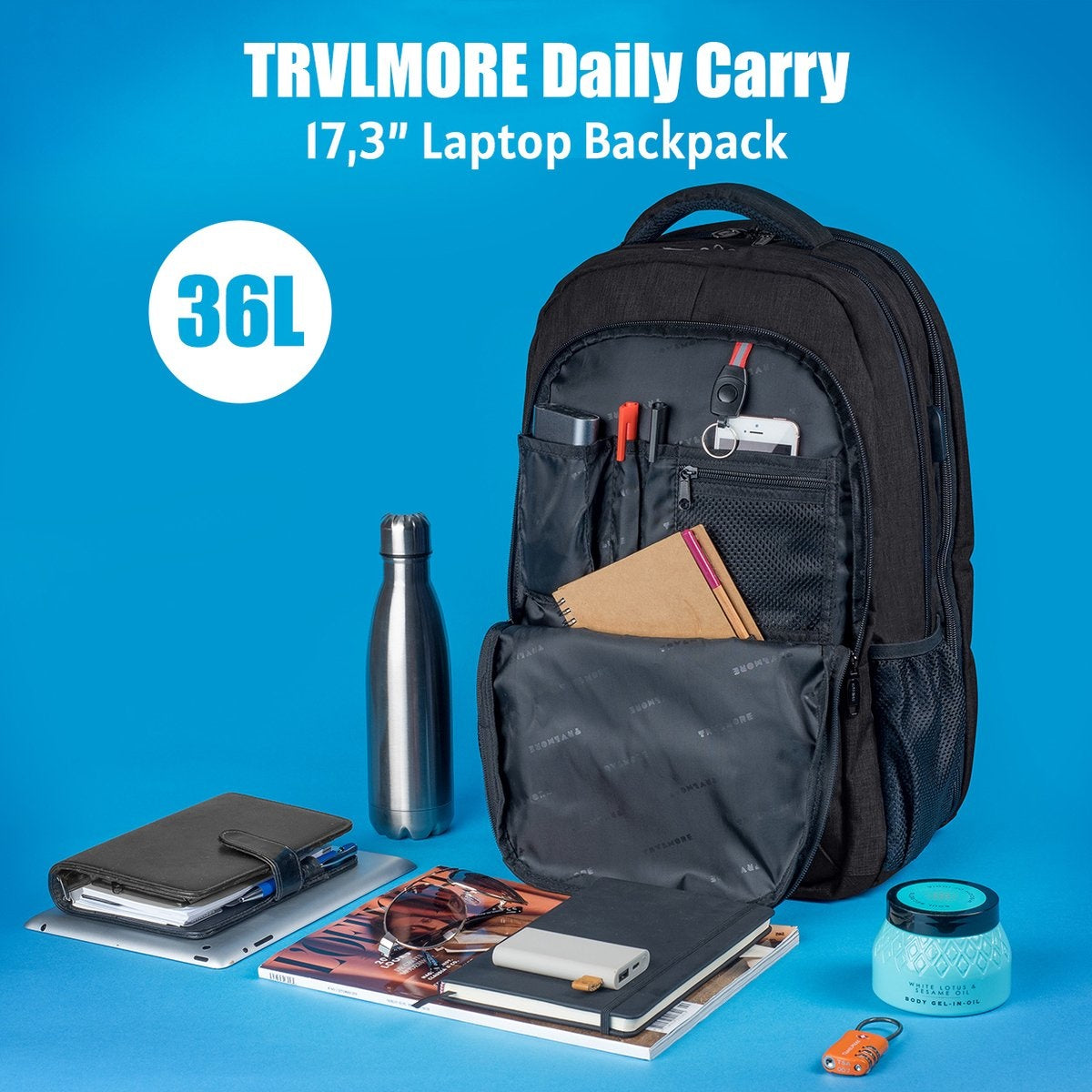 TRVLMORE Rugzak - 36L - 17,3 inch - Laptop Rugtas - Schooltas - Unisex - Spatwaterdicht Zwart
