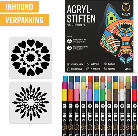 NAPI 36 Acrylstiften Dual Tip - Twinmarkers - Verfstiften Happy Stones - Stenen Schilderen met Acryl Verf Marker Stiften - Volwassenen en Kinderen - Incl. 2 Mandala Sjablonen
