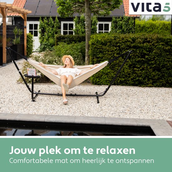 Vita5 Hangmat met Standaard – 2 Persoons – Incl. Bekerhouder – 205kg Draaggewicht – Beige/Wit