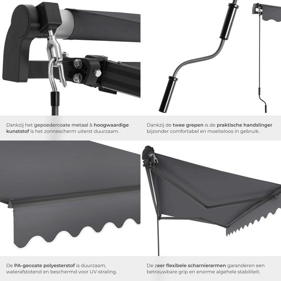 tectake® Zonnescherm met Knikarm - 250 x 200 cm - Zonneluifel - Zonwering voor Raam, Balkon, Buiten - Te Monteren aan Muur - Water- en UV-Bestendig - Donkergrijs