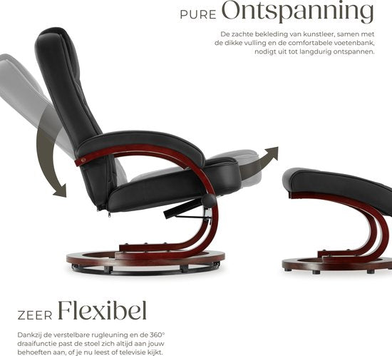 tectake® TV-Fauteuil met Kruk - Verstelbare Rugleuning - 360° Draaibare Relaxfauteuil - Houten Poten - TV-Fauteuil van Imitatieleer met Relaxfunctie - Zwart