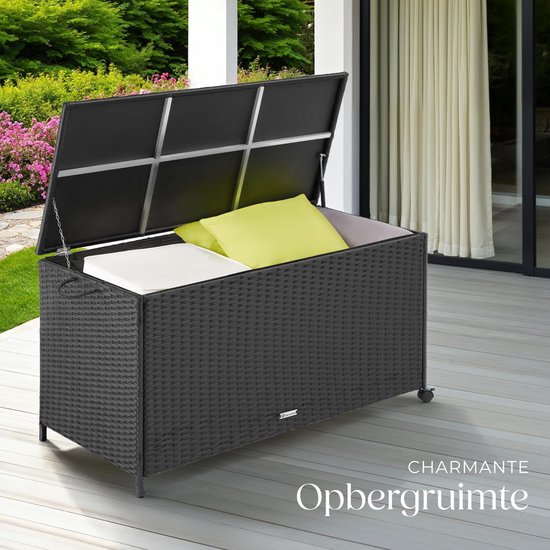 tectake® Wicker opbergbox - Outdoor kussenbox - Uitneembare binnenzak - Weerbestendig en afsluitbaar met deksel - Verrijdbaar - Inclusief 2 handgrepen, 2 wielen met rem en gasveren - Inhoud 297 l - Afmeting (LxBxH) 117 x 54 x 64 cm - Zwart