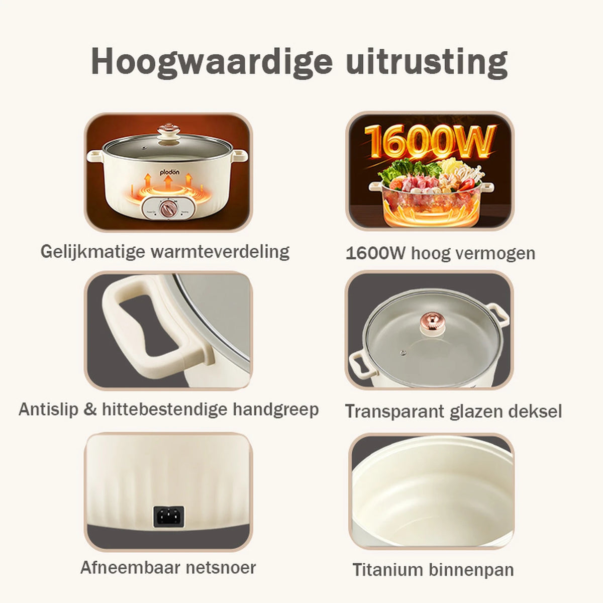 Plodon Elektrische Hotpot 7 Liter – Multifunctionele Kookpan met Antiaanbaklaag – 1600W – Ø 30,5 x 8,5 cm – RHG-70XVv