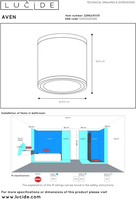 Lucide AVEN - Plafondspot (Plafondlamp) Badkamer - Ø 9 cm - 1xGU10 - IP65 - Wit