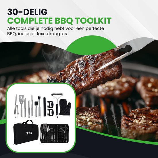 TTD® Premium BBQ Accesoires Set 30-delig - BBQ Gereedschapset RVS - Barbecue Accessoires - BBQ Tang - BBQ Spatel - Met BBQ Handschoenen en Schoonmaak Borstel - Inclusief Opbergtas