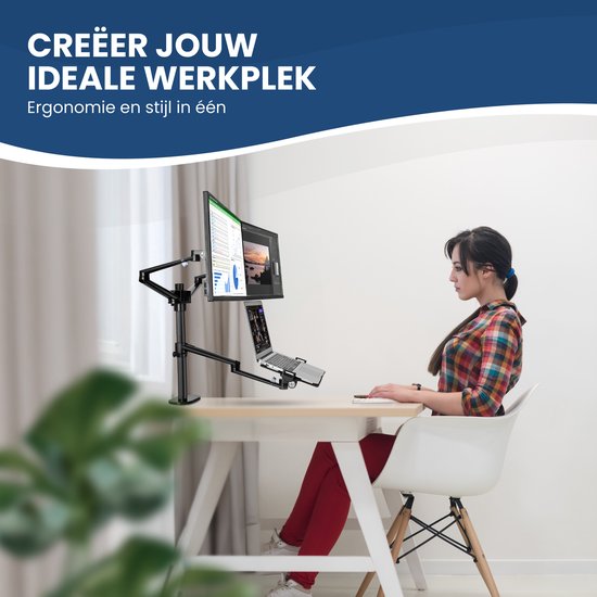 TTD® Monitor Arm 2 Schermen & Laptop - Monitor Arm 3 Schermen - Monitor Arm voor 2 Beeldschermen en 1 Laptop - Volledig Roteerbaar en in Hoogte Verstelbaar - 9 kg per Arm - Monitor Beugel - Zwart - Aluminium - Laptop Standaard Verstelbaar