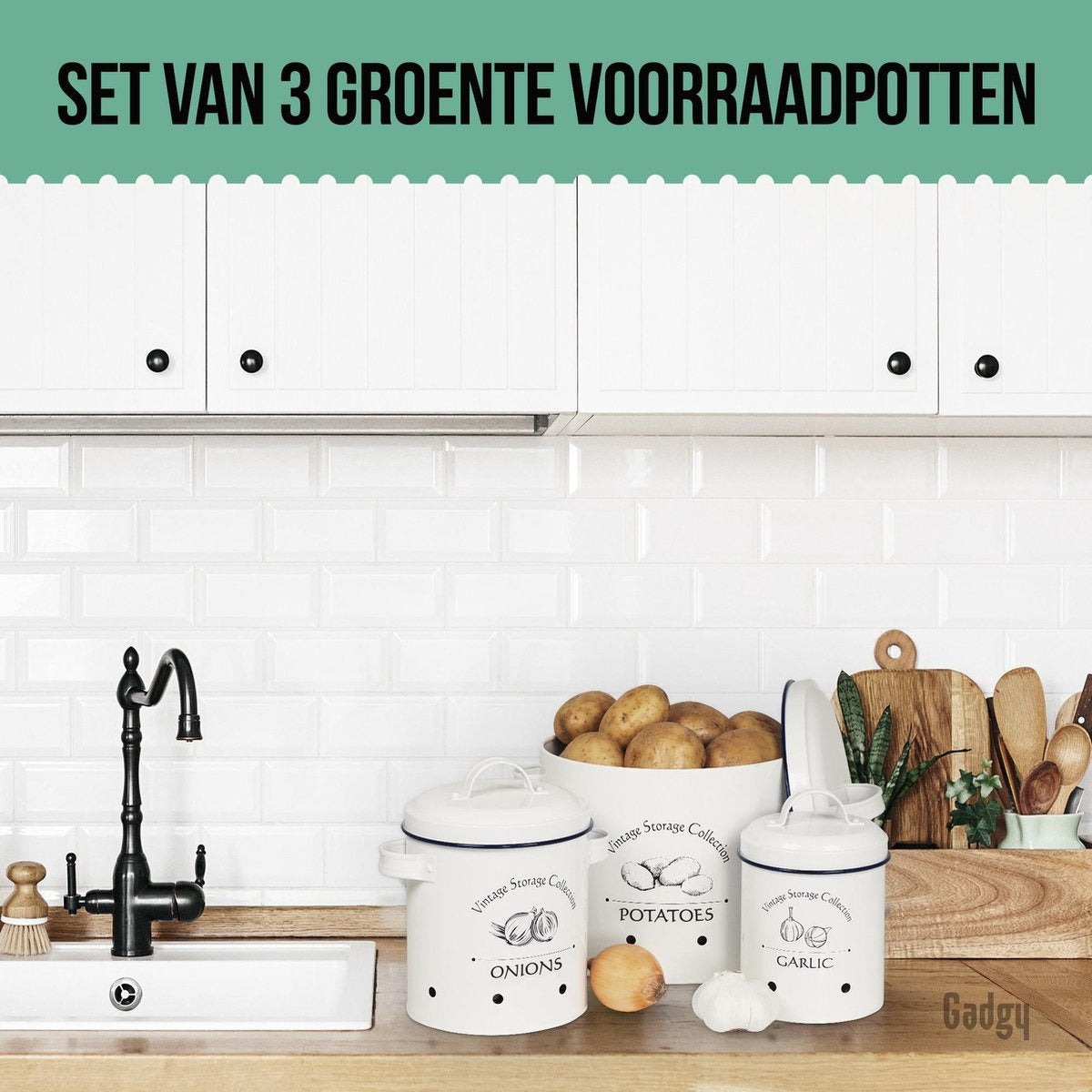 Gadgy Voorraadpotten Set van 3 stuks - Aardappelpot - Uienpot - Knoflookpot – INCL Deksel – Bewaardoos
