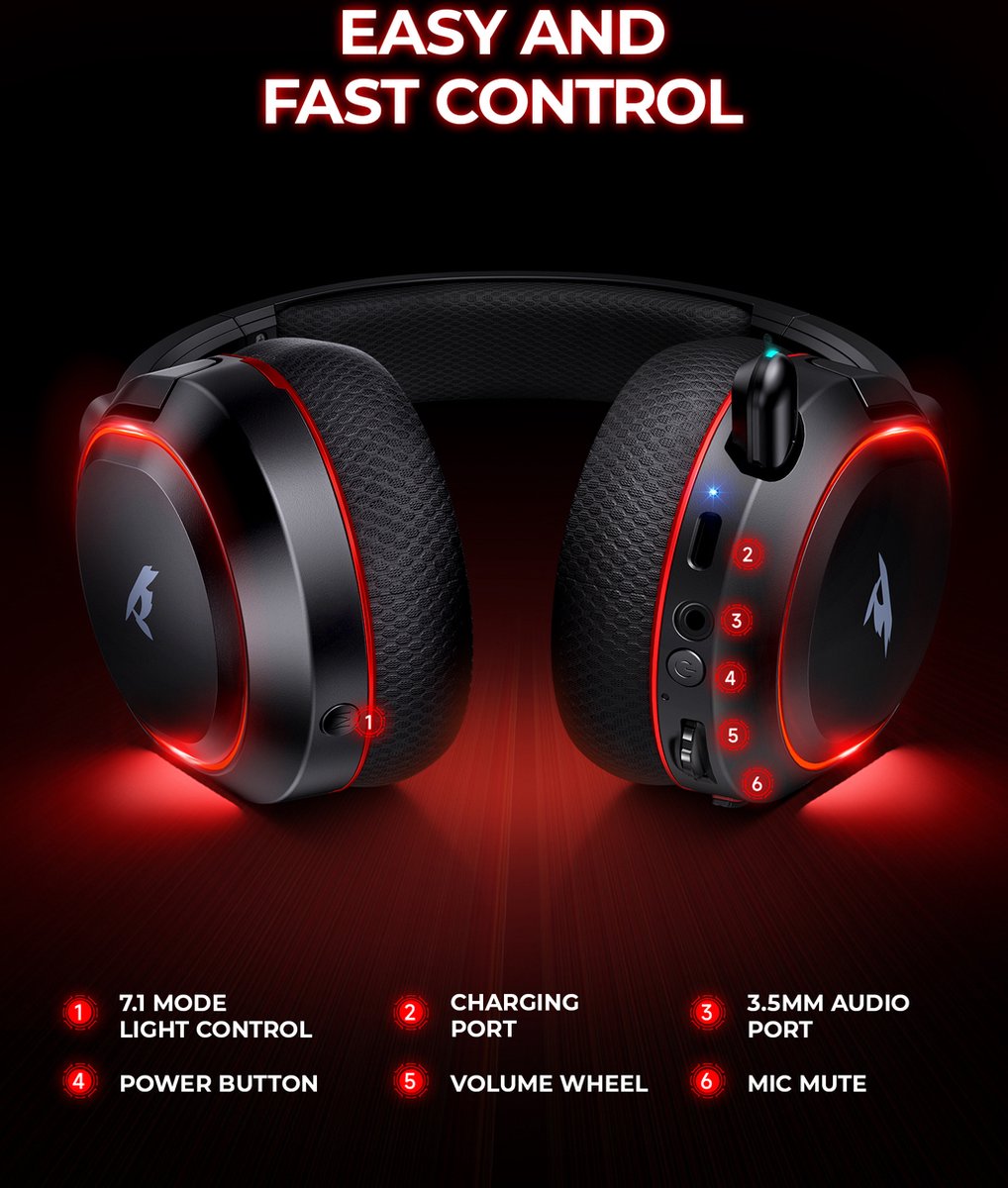 Valorise UG-08S Draadloze Gaming headset 2.4Ghz Zwart/Rood
