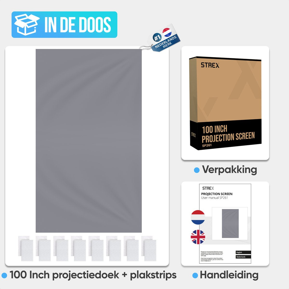 Strex - Beamerscherm - 100 Inch -160° Kijkhoek - Incl. Bevestigingsmateriaal - 220x120 CM - Grijs