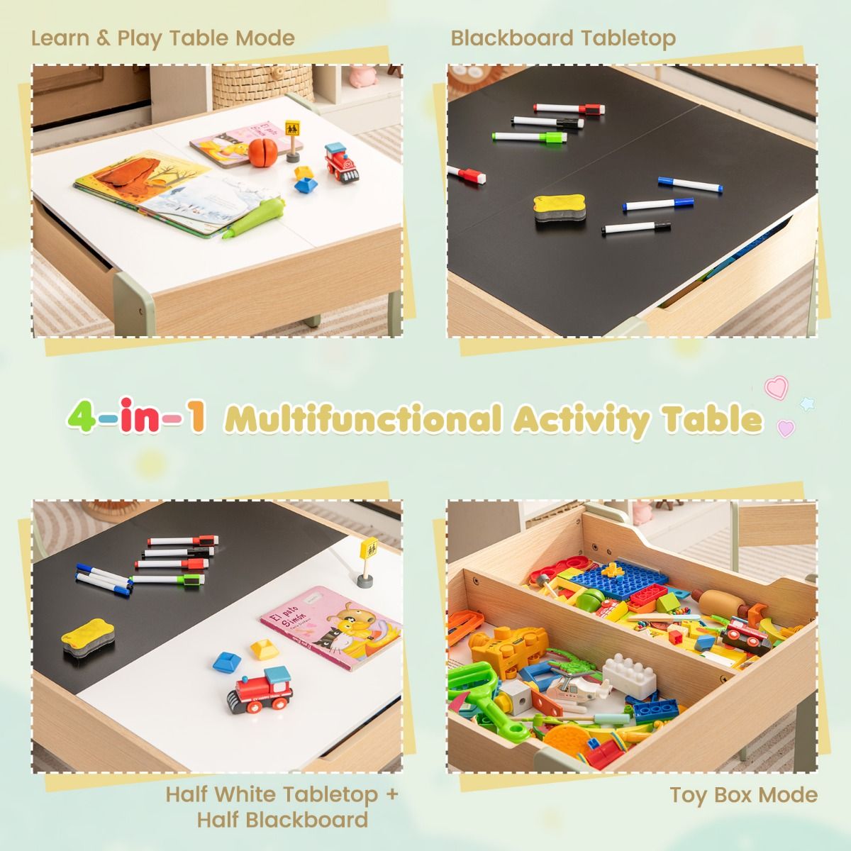 Coast 3-delige kinderzitgroep - 4-in-1 kindertafel met 2 stoelen en opbergruimte - groen