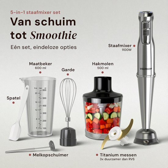 Staafmixer PRO 6-in-1 Set - 1100W - Titanium Messen - Gratis Spatel - Turbofunctie - Incl. Hakmolen, Garde, Melkopschuimer & Maatbeker - PFAS-vrij
