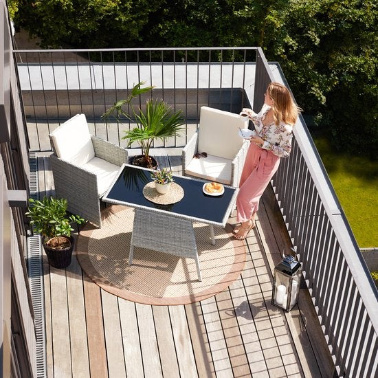 tectake® - wicker zitgroep voor 2 personen, ruimtebesparend buitenmeubilair, 2 fauteuils en 1 tafel, ideale balkonloungeset, tuinmeubelen, terrasmeubilair weerbestendig - zwart - poly-rattan