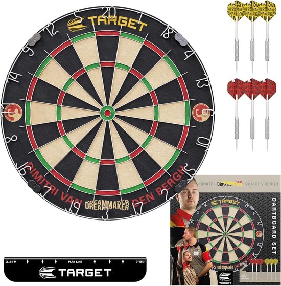 Target Darts Dartbord Set - Competitie Standaard Dartbord met 6 Messing Dartpijlen 17g - Afrikaans Sisal - Ultradun Draadsysteem - Werplijn en Muurbevestiging Inclusief