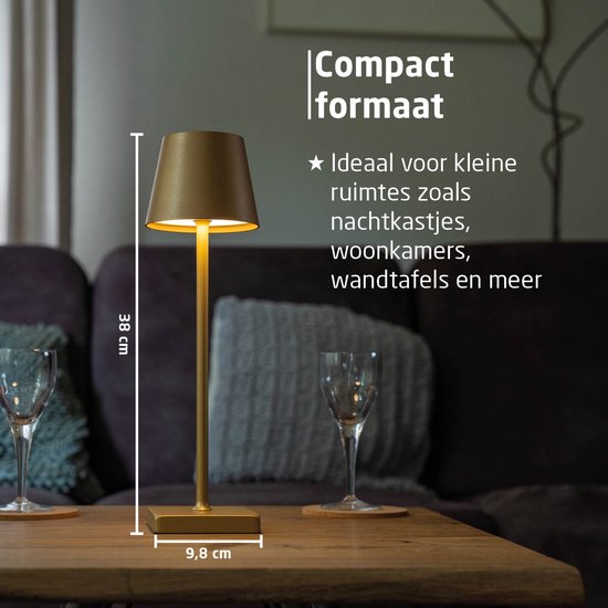 BREND BR-2228 Draadloze Tafellamp voor Binnen en Buiten – Decoratieve en Dimbare Lamp – Oplaadbare Verlichting met 3 Lichtstanden – IP44 – Goud