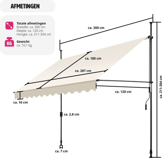 tectake - klemluifel - Zonnescherm – Zonneluifel - Verstelbaar - Klem-zonwering - Zonnescherm Balkon - 300 x 180 cm - beige – zonwering - 404963