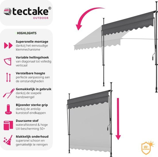 tectake - klemluifel - Zonnescherm – Zonneluifel - Verstelbaar - Klem-zonwering - Zonnescherm Balkon - 250 x 120 cm - zwartgrijs – zonwering - 404962