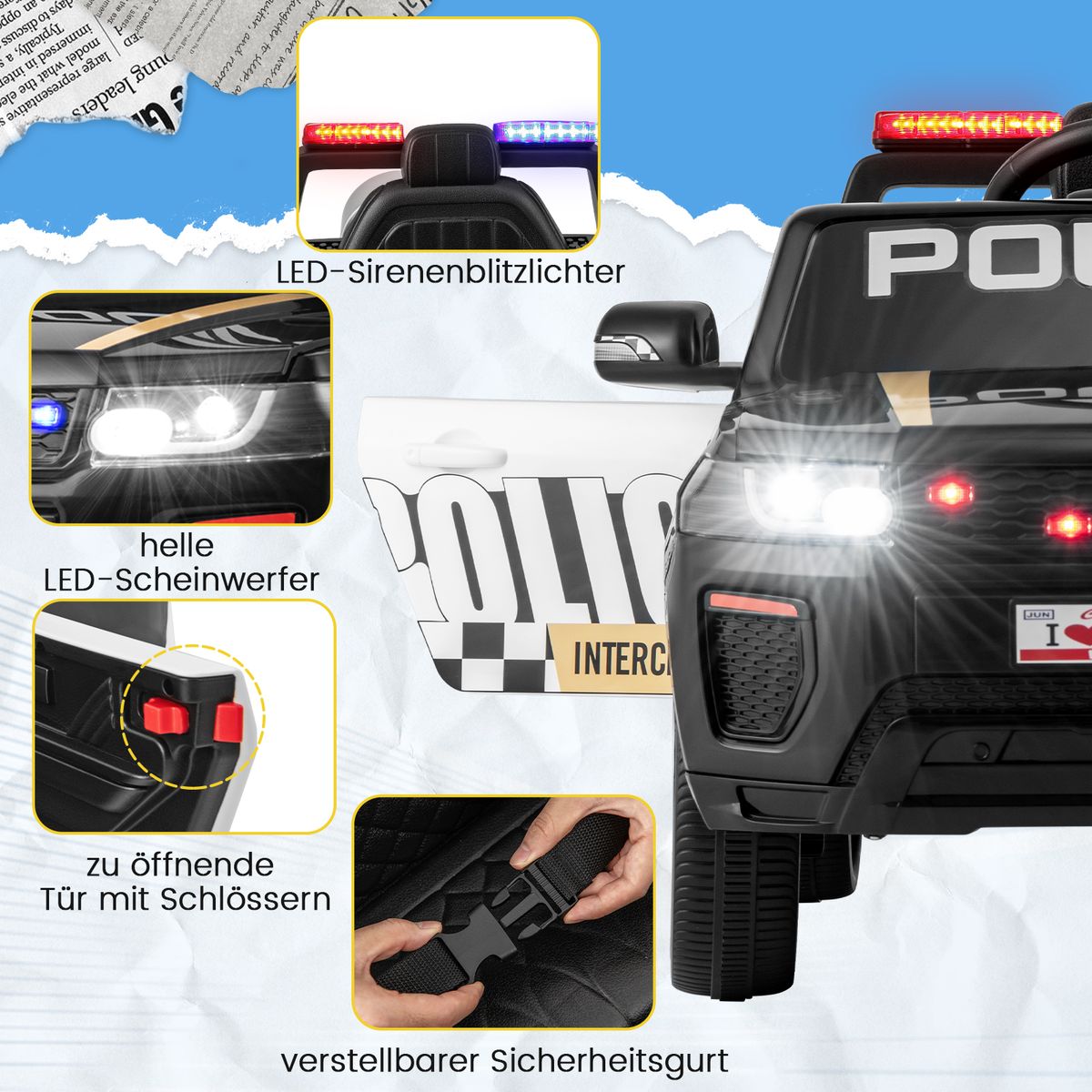 Coast Elektrische Kinderpolitieauto - met afstandsbediening - sirene en LED-verlichting - zwart