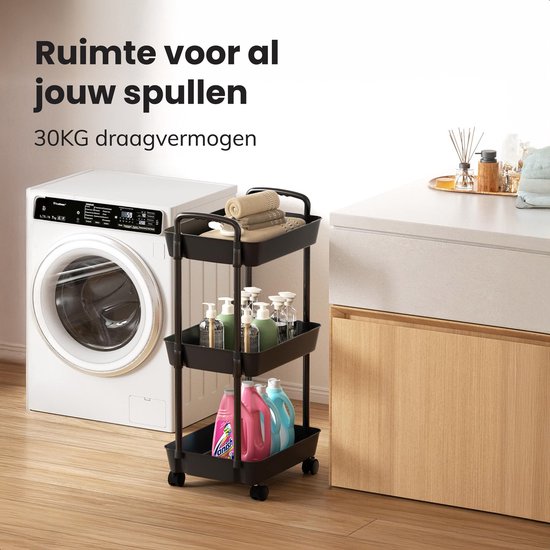 Keuken trolley op Wieltjes - 3 laags - Rek - Serveer - Wagen - Kastje - Opberg - Douche kastjes staand - Rekje - Zwart - Luft