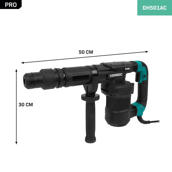 VONROC PRO Breekhamer 1200W - 6kg – slagkracht: 14 Joule – impactsnelheid: 3100 p/m – 5 meter kabel - Incl. zij-handgreep, puntbeitel, platte beitel en tube smeervet