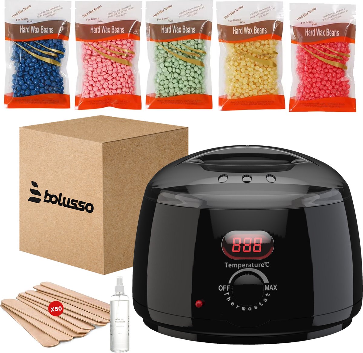 Bolusso Wax Apparaat - Ontharing Set - NIEUW model - 5 Soorten Beans 500 Gram - 50 Wax Staafjes - Gratis Afterwax - Wax Heater - Ontharingsapparaat - Wax Beans Verwarmer - Ontharingsset - Wax set