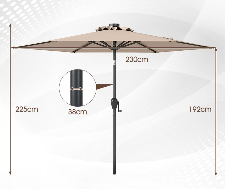 Robuuste Terrasparasol met LED-verlichting 230 cm – Bruin – Kantelbaar met Manivelle en Ventilatie