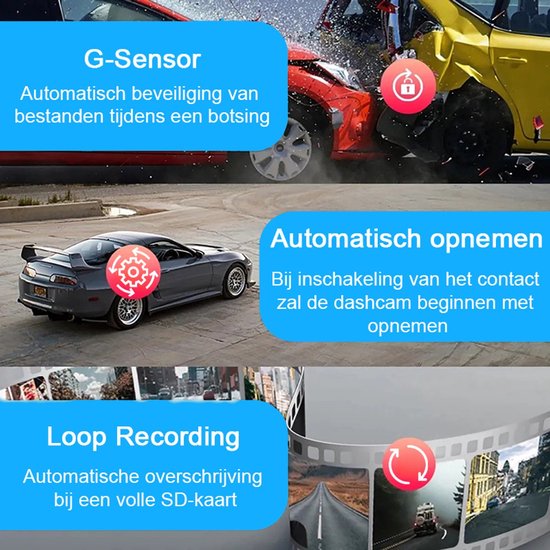 Tech Essentials® Dual Dashcam S1-Wifi Voor Auto - Met Achteruitrijcamera Universeel - Full HD - Met 64GB Micro SD-Kaart - Met Nachtzicht - APP | Voor En Achter