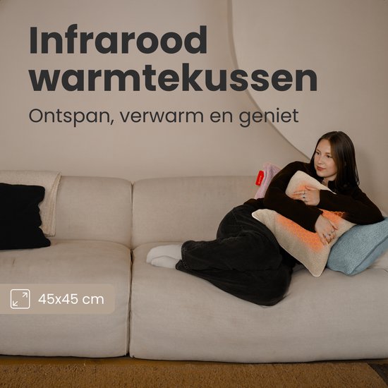 Auronic Warmtekussen - Sherpa Fleece - 45x45 - Draadloos - Oplaadbaar - Elektrisch kussen - Infrarood - Beige