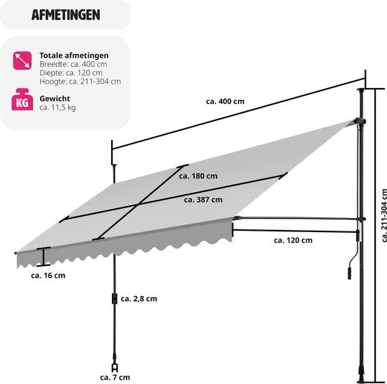 tectake - klemluifel - Zonnescherm – Zonneluifel - Verstelbaar - Klem-zonwering - Zonnescherm Balkon - 400 x 180 cm - lichtgrijs – zonwering - 404970