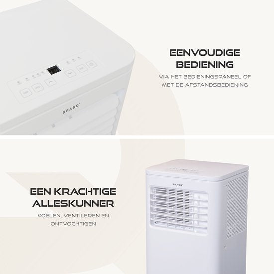BRASQ 3-in-1 Mobiele airco met Raamafdichtingskit - Met afstandsbediening – Geschikt voor Slaapkamer - Woonkamer - Kantoor - Aircooler tot 16m2 - 9000 BTU – Wit