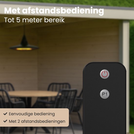 Auronic Terrasverwarmer - Infrarood Verwarming - Hangend - 10m2 - Elektrisch - 1500W - Afstandsbediening - Zwart