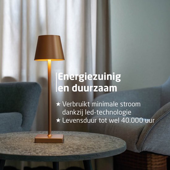 BREND BR-2228 Draadloze Tafellamp voor Binnen en Buiten – Decoratieve en Dimbare Lamp – Oplaadbare Verlichting met 3 Lichtstanden – IP44 – Goud