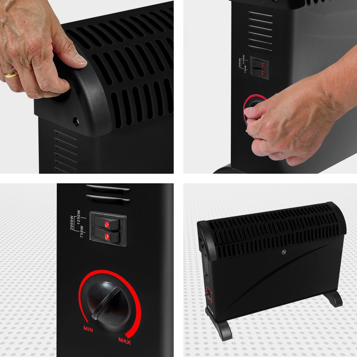 Auronic Elektrische Convectorkachel - 750/1250/2000 Watt - Verstelbare Thermostaat - Zwart