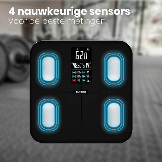 Auronic Personenweegschaal - Lichaamsanalyse & Vetpercentage - Digitaal - 15 Metingen - Zwart