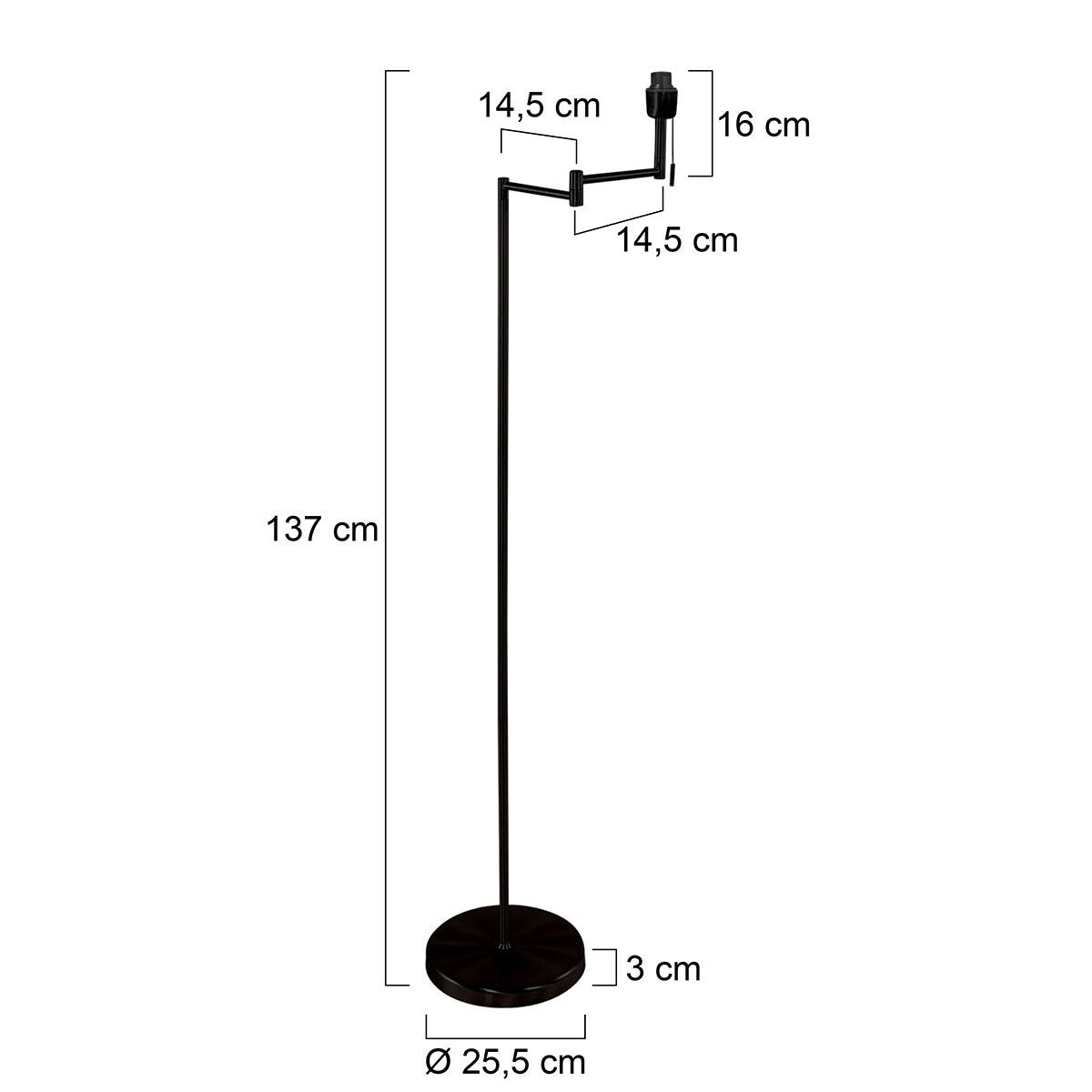 Vloerlamp Bella 3407ZW - Zwart met zwenkarm, uitklapbaar en trekschakelaar - Mexlite - Tijdloos design van kunststof, metaal en elektronica, hoogte 135 cm, reikwijdte 45 cm
