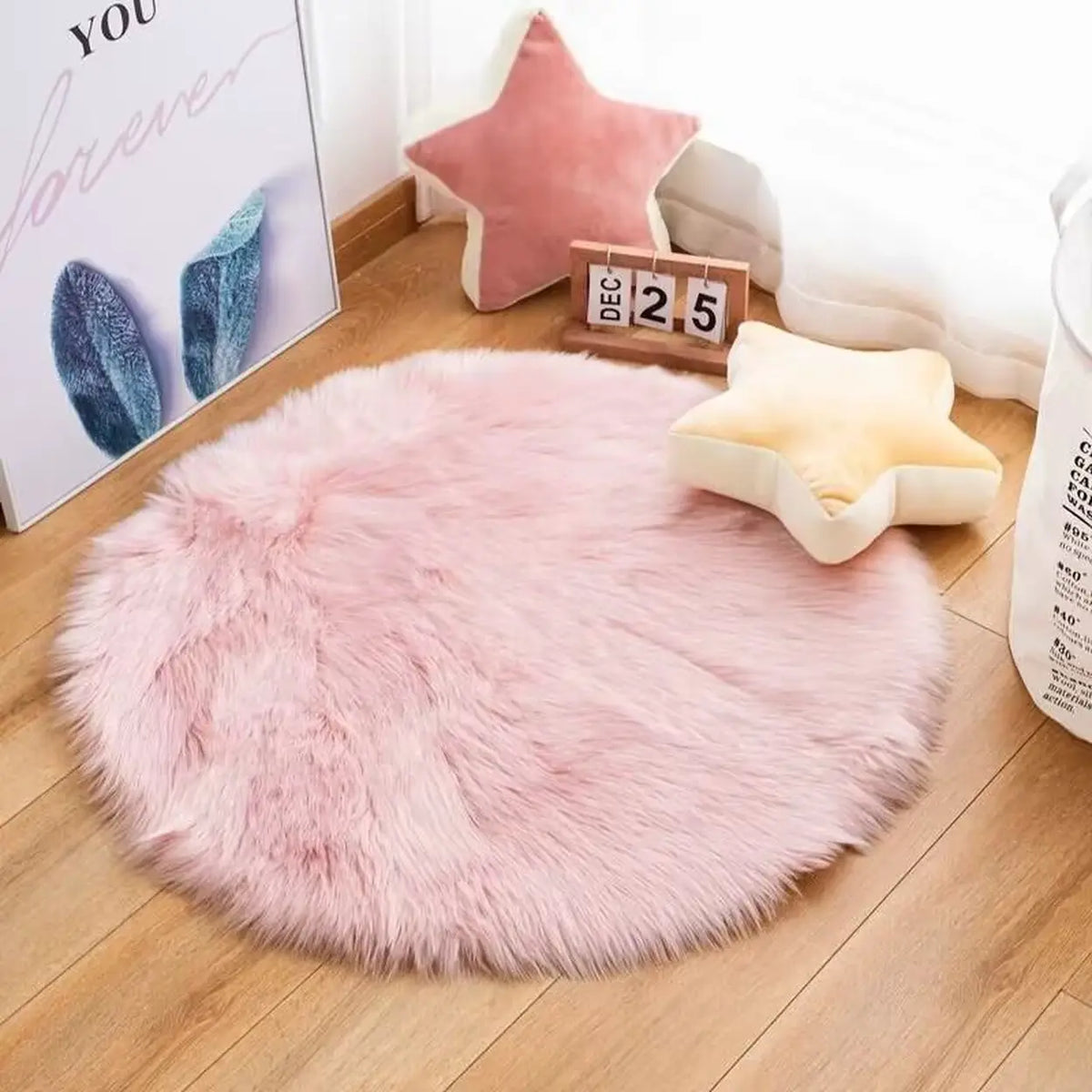 Rond vloerkleed van imitatiebont - roze - 90 × 90 cm